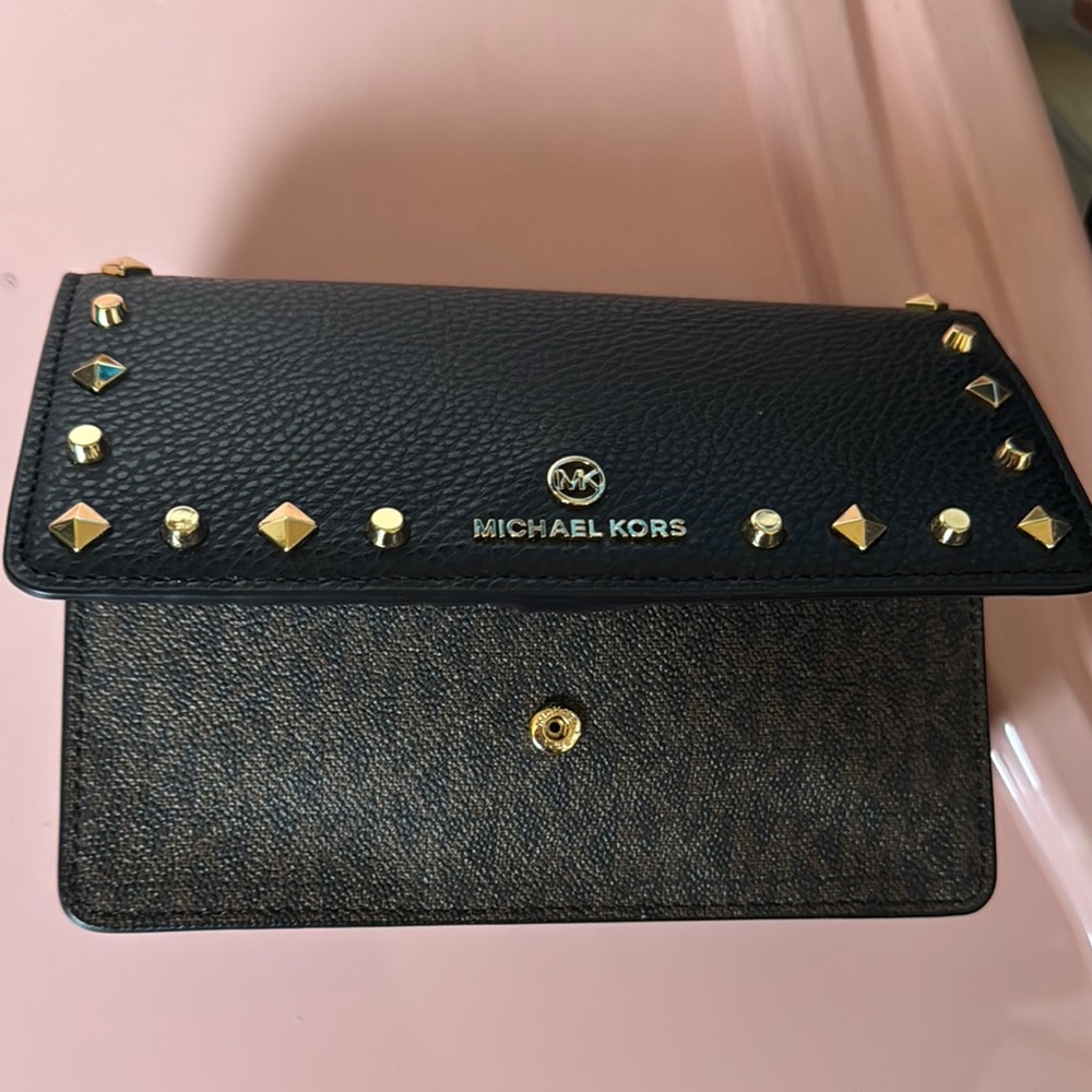 Michael Kors Black and Brown Clutch with Gold Accents